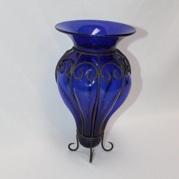 Vintage Cobalt Blue Hand Blown Caged Glass Vase - Picture 4 of 12